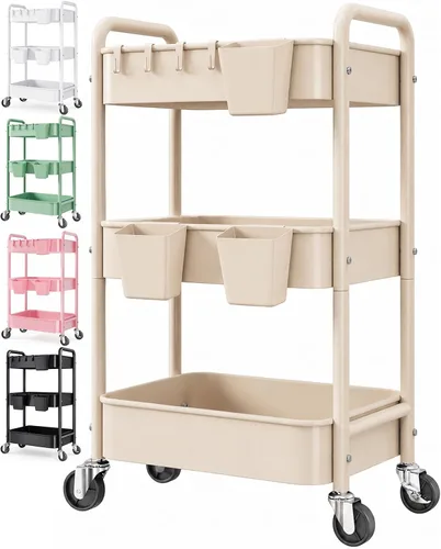 Vista 17 de Carrito pequeño de 2 niveles beige con ruedas, carrito de pañales para artículos esenciales para el cuarto de bebé, carrito de metal para debajo
