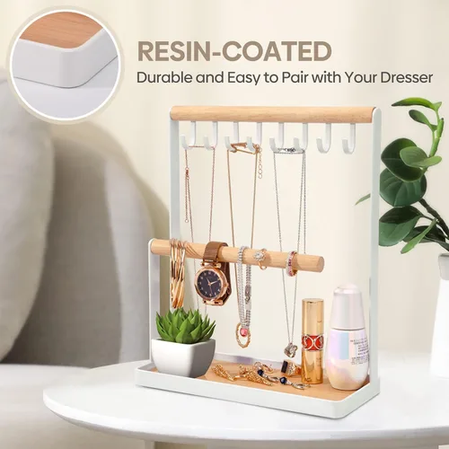 Vista 4 de Portin Organizador de joyas con bandeja de anillos de madera y ganchos almacenamiento de collares pulseras anillos relojes organizador de escritorio