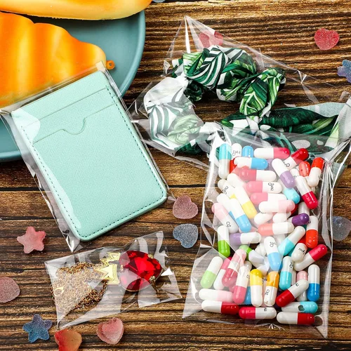 Vista 5 de Geyoga 120 piezas 4 tamaños Bolsas de celofán transparentes de plástico resellables autoadhesivas para dulces, galletas, envoltorio decorativo