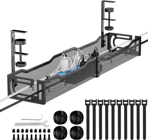 Vista 10 de Bandeja de gestión de cables para debajo del escritorio, gestión de cables debajo del escritorio sin taladro, bandeja de gestión de cables