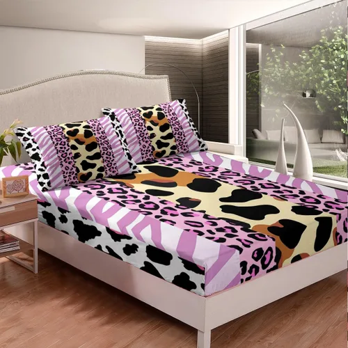 Vista 2 de Manfei Sábana bajera ajustable de piel de animal, tamaño individual, funda de cama con estampado de cebra de leopardo con 1 funda de almohada, juego