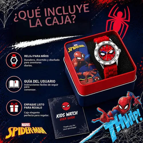 Vista 6 de Spiderman Time Teacher - Reloj para niños, correa de silicona roja, esfera fácil de leer, resistente al agua, con lata especial
