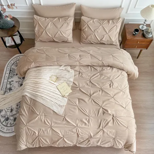 Vista 2 de Maple&Stone Juego de edredón tamaño Queen color beige, 7 piezas en una bolsa, juegos de ropa de cama con edredón, sábanas, fundas de almohada