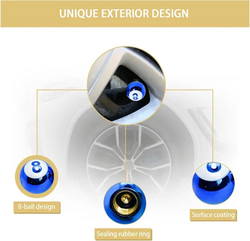 Vista 4 de Augeny 8 tapas para válvulas de neumáticos de automóvil, cubiertas de vástago de válvula de rueda de bola de 8 bolas con anillo de goma, tapones Azul