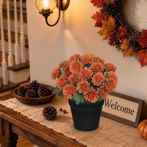 Vista 4 de Flores artificiales de crisantemo en maceta negra de 9 pulgadas, plantas artificiales de seda para decoración de interiores y exteriores, centro