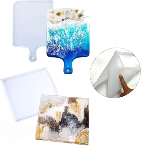 Vista 7 de Moldes grandes de resina de silicona, 3 moldes de resina de geoda de ágata, incluye 2 moldes cuadrados para posavasos cuadrados, molde rectangular