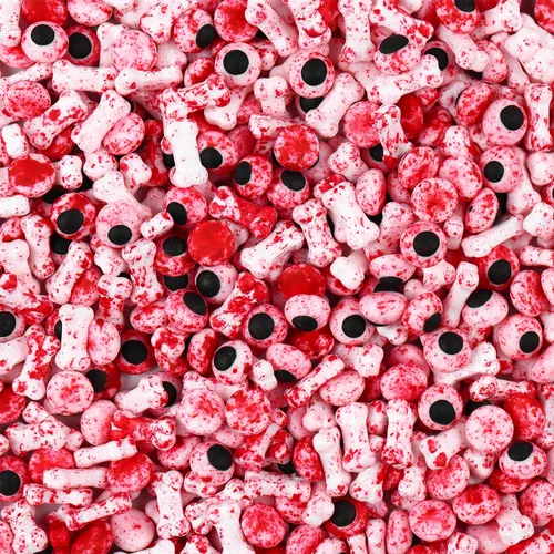 Vista 3 de Gránulos de globo ocular sangriento para decoración de pasteles, huesos de perro rojos, chispas comestibles de caramelo para decoración de cupcakes