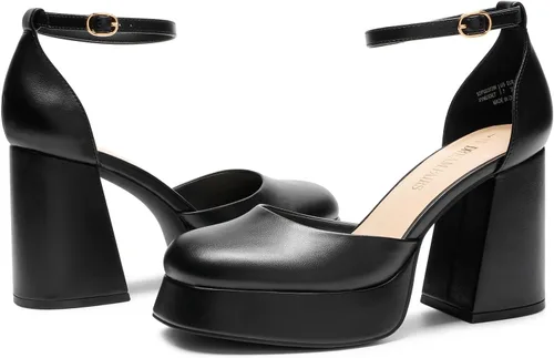 Vista 4 de DREAM PAIRS Zapatos de tacón alto con plataforma gruesa para mujer, puntera cerrada, correa al tobillo, para boda, fiesta, zapatos de tacón