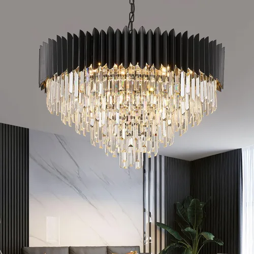 Vista 8 de Candelabro de cristal negro de 20 pulgadas, K9, luces colgantes redondas, ajustables, de 4 niveles, gran lámpara de cristal moderna, 6 luces