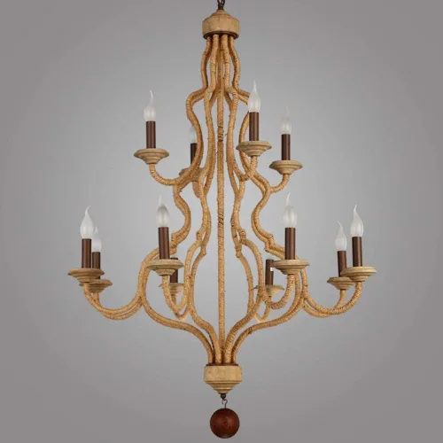 Vista 3 de Genérico Araña moderna, Simple 12 Lights Country Style Double Layer Hemp Rope Wooden Retro Chandelier Lighting Loft Cafe Bar V-intage Pendant Light