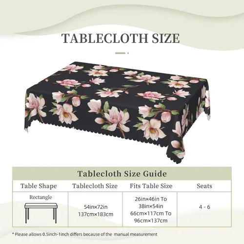 Vista 3 de Magnolia - Mantel rectangular floral, flores de magnolia blanca, 54 x 72 pulgadas, borde de encaje ondulado, mantel de poliéster para comedor