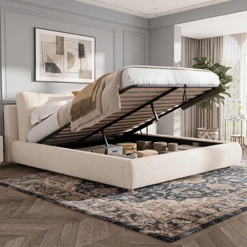 Vista 15 de Merax Cama de plataforma tapizada de tela Boucle tamaño Queen con dos cabeceras de almohada extraíbles, marco de cama de madera con patas redondas