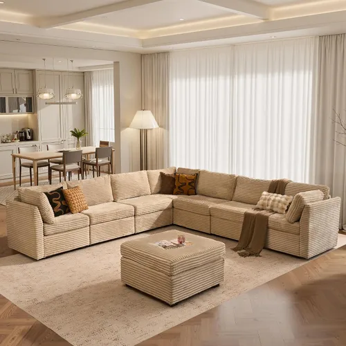 Vista 50 de Ovios - Sofá modular con diván en forma de U y otomanas, cómodo y mullido, tapizado en pana estilo nube, moderno, asiento profundo, juego de sofás