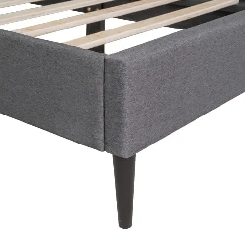 Vista 5 de Marco de cama de plataforma de tamaño individual, marco de cama tapizado de lino de diseño moderno con cabecera copetuda, cama de almacenamiento