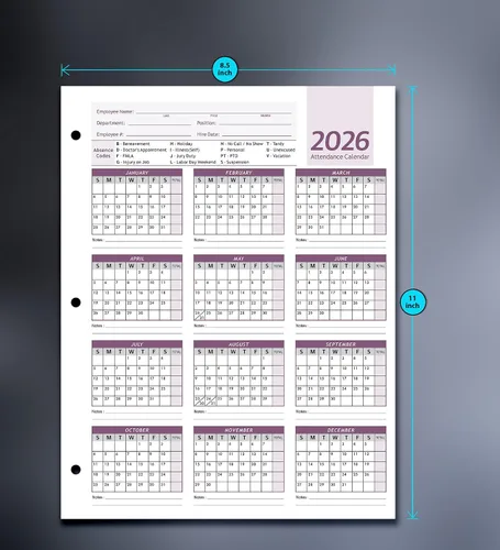 Vista 5 de Calendario de asistencia para tarjetas de empleados 2026, papel de cartulina pesado de 100 libras, 8.5 x 11 pulgadas (morado, 50 hojas)