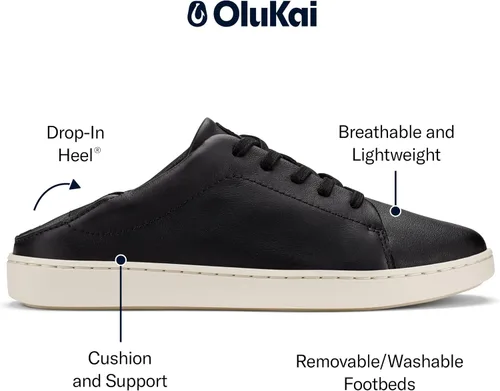 Vista 2 de OLUKAI Pehuea Li 'ILI - Zapatillas de cuero para mujer de uso diario, zapatos casuales y versátiles con tacón abatible, materiales suaves