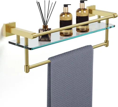 Vista 20 de Estante de vidrio para baño de 20 pulgadas, estantes de baño con barra para toallas, estantes de vidrio templado con soporte para toallas de acero