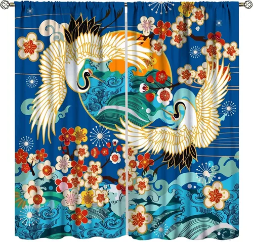 Vista 11 de Cortinas de estilo japonés, flor de cerezo, grúa de amanecer, estilo asiático, cortinas opacas para dormitorio, sala de estar, juego de 2 paneles