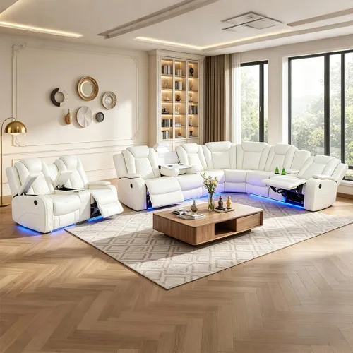 Vista 30 de Juego de sofá seccional reclinable de cuero, sofá seccional con 4 sillones reclinables Juegos de muebles de sala con 3 reclinables, luz LED