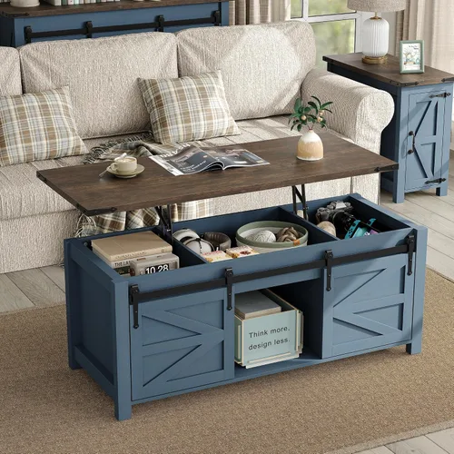 Vista 8 de Furnihold Mesa auxiliar de 47.3 pulgadas con almacenamiento, mesa de centro de madera de granja con parte superior elevable, puertas corredizas