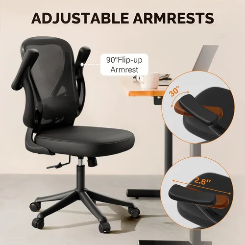 Vista 3 de Silla de escritorio para computadora con ruedas, silla de oficina de malla con brazos abatibles, soporte lumbar ajustable, silla de escritorio Negro