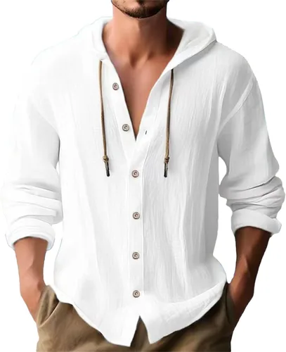 Vista 34 de Camisas de lino para hombre, casual, con botones, de verano, algodón, lino, con capucha, para playa, manga larga, con capucha
