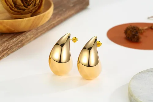 Vista 7 de Aretes de lágrima extra grandes, aretes de aro dorados gruesos para mujer, orejas sensibles, hipoalergénicos, de moda, joyería de gota de agua
