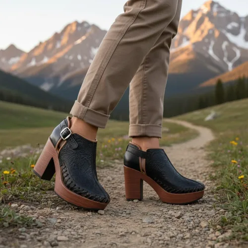 Vista 14 de Botines de piel auténtica grabados mexicanos con correa para mujer - Modelo 490