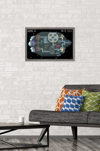 Vista 2 de Among Us - Póster de pared Skeld Map, 22.4 pulgadas de largo x 14.7 pulgadas de ancho, versión enmarcada de madera de granero