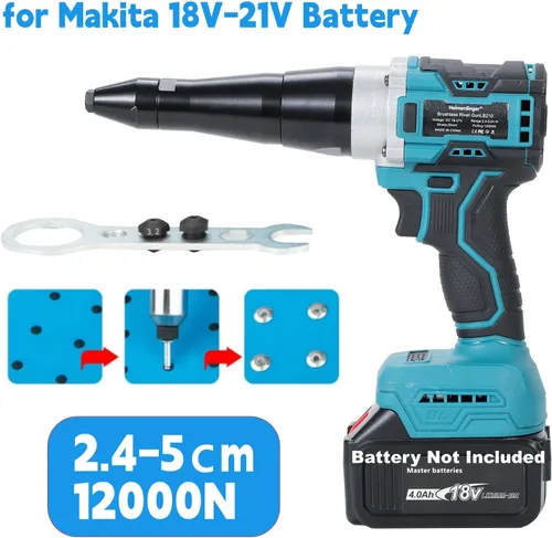 Vista 4 de Heimerdinger Remachadora inalámbrica sin escobillas compatible con batería Makita de 18 V (no incluida), fuerza de tracción de 12000N, para remaches