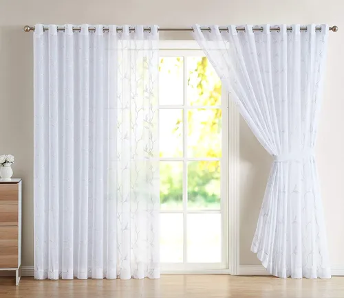 Vista 18 de Cortinas LinenZone de piso a techo para ventanas extra anchas. Cortinas transparentes blancas para divisores de habitación con bordado de hojas rosa