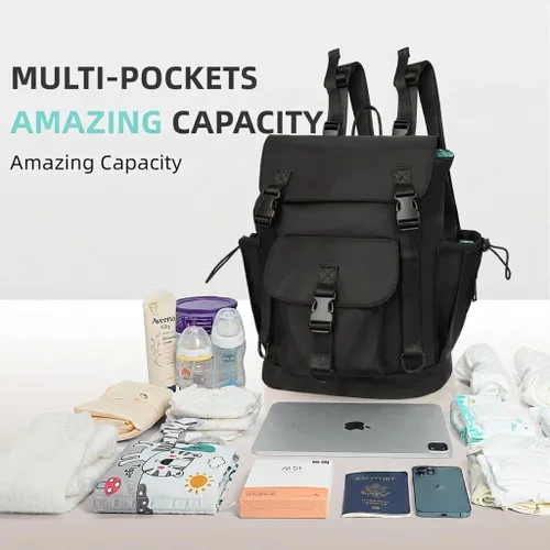 Vista 3 de MOMINSIDE Mochila para pañales con bolsillo grande para artículos húmedos, pequeña bolsa de pañales para niñas y niños, 2 bolsillos aislados, Negro