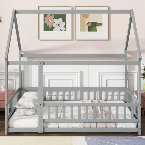 Vista 4 de Cama de tamaño matrimonial con valla y puerta, color gris