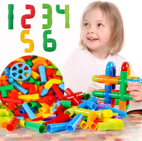 Vista 4 de KUTOI Juguetes de construcción de tuberías, tubos tubulares educativos de aprendizaje temprano, bloques de construcción para niños, juguetes STEM