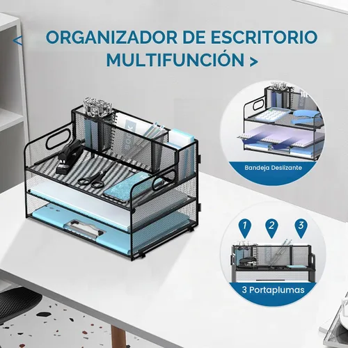 Vista 4 de Organizador de escritorio de 3 niveles con soporte para bolígrafo, bandejas Negro