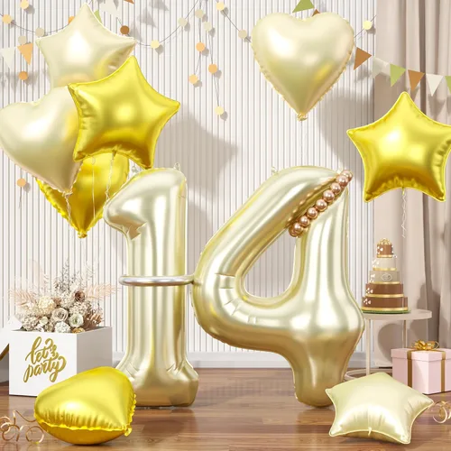 Vista 57 de Globos dorados de color champán con el número 11, globos de oro claro, globo de aluminio dorado con forma de corazón con estrella y globo largo