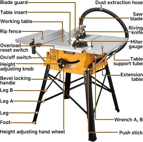 Vista 2 de Hoteche Sierra de Mesa de 10 Pulgadas - Sierra Eléctrica de 15 Amperios con Soporte y Mesa Extensible para Carpintería, Ebanistería, Proyectos