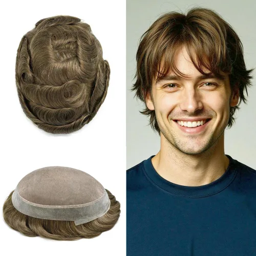 Vista 52 de Toupee para hombres Piezas de pelo fino mono para hombre Toupee sistema de reemplazo de pelo para hombres línea capilar natural para hombre postizo