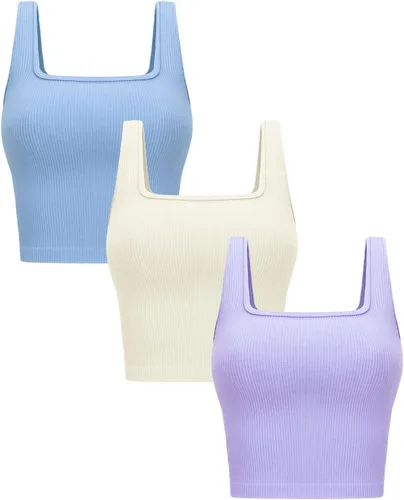 Vista 6 de OLCHEE - Camisetas cortas sin mangas para mujer, pack de 3, básicas, sin costuras, acanaladas, cuello cuadrado, para entrenamiento, verano Negro +
