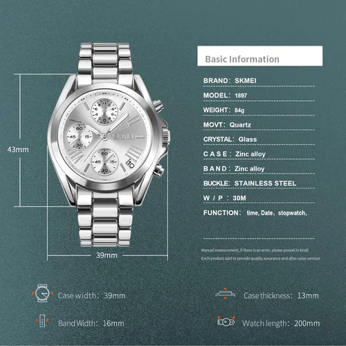 Vista 6 de SKMEI Reloj de pulsera para hombres y mujeres, reloj cronógrafo para hombre, resistente al agua, fecha, analógico, de cuarzo, para negocios, casual