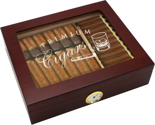 Vista 10 de The Wedding Party Store Caja de puros personalizada premium con higrómetro, humidificador y tapa de vidrio - Juego de regalo de caja de puros