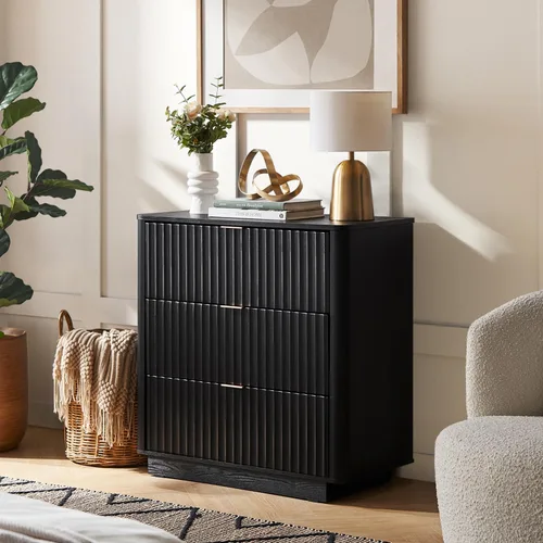 Vista 12 de mopio Brooklyn – Cómoda de 3 cajones para dormitorio, cómoda organizadora de madera, estilo granja moderna, mesita de noche alta, seguridad Nogal
