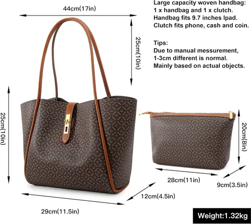 Vista 3 de Queenoris Tote Bag for Women, Top-handle Shoulder Handbag Large Capacity Purese Designer Retro Bag with Clutch