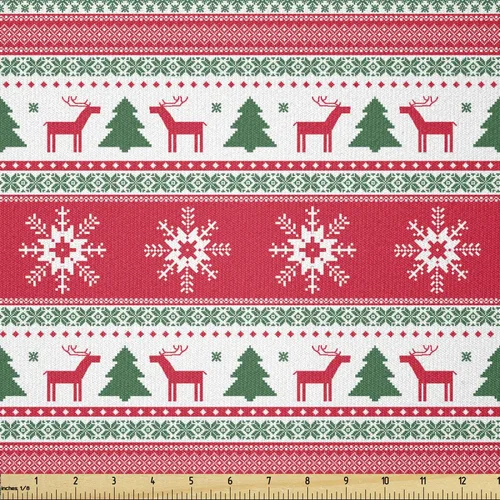 Vista 4 de Ambesonne Tela Navideña por Yarda, Tema Navideño Colorido Vivo Piñas de Pino Ramas Hombre de Jengibre Imagen de Bayas Estampada, Tela de Punto