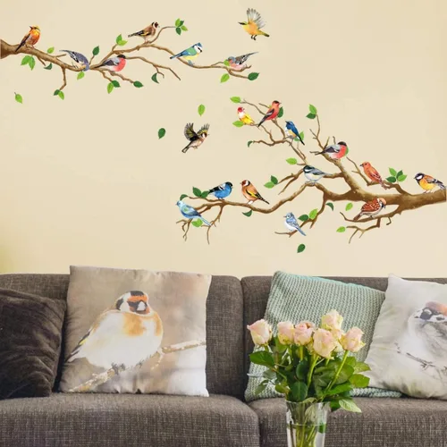 Vista 2 de Runtoo Calcomanías de pared de pájaros, ramas de árbol, calcomanías de pared para dormitorio, sala de estar, baño, decoración de pared
