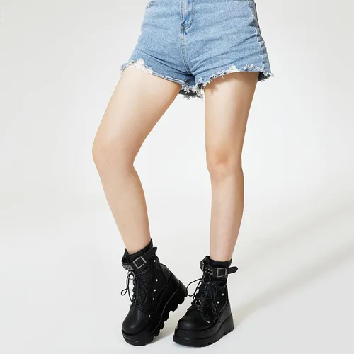 Vista 8 de Tscoyuki Botines de plataforma para mujer, botines de tacón alto gruesos, botas de combate góticas, botas de combate para mujer, con cordones, cuñas