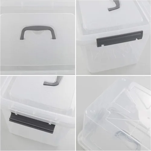Vista 2 de Paquete de 6 cajas de plástico transparente con tapas, 10 L Diseño transparente, apilable y portátil, ideal para ropa, documentos y pequeños