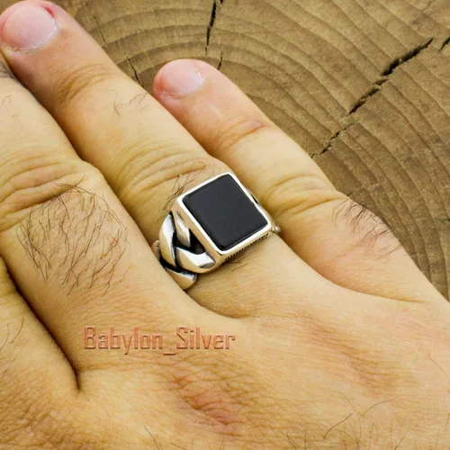 Vista 2 de Anillo de lujo de plata de ley 925 maciza auténtica, piedra de ónix negro