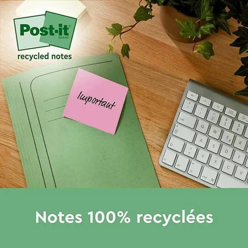 Vista 3 de Post-it Notas superadhesivas 100% recicladas, paquete de 3 blocs, 70 hojas por bloc, 1.874 in x 1.874 in, rosa, verde, azul, notas extra adhesivas
