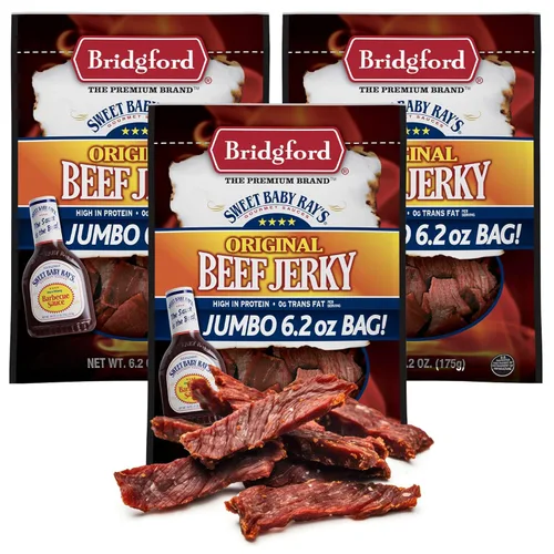 Vista 19 de Bridgford Sweet Baby Ray's Beef Jerky Sweet N Spicy 6.2 onzas, paquete de 3 – Cecina de res dulce y picante alta en proteínas para tu preferencia